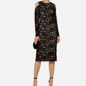 Alice and Olivia Lace Midi Dress Size 4 Laila Cold Shoulder Straight Long Sleeve